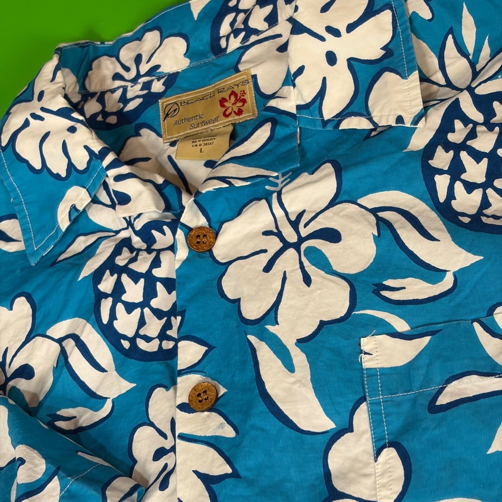 Beach‎ Rays Hawaiian Shirt Mens L Blue Floral Pineapple Hibiscus Tropical Cotton